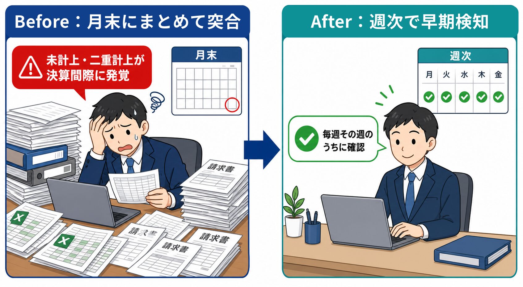 月末の一括突合から週次の早期検知へ、発注と買掛金の不一致対応がどう変わるかを示すBefore/After図