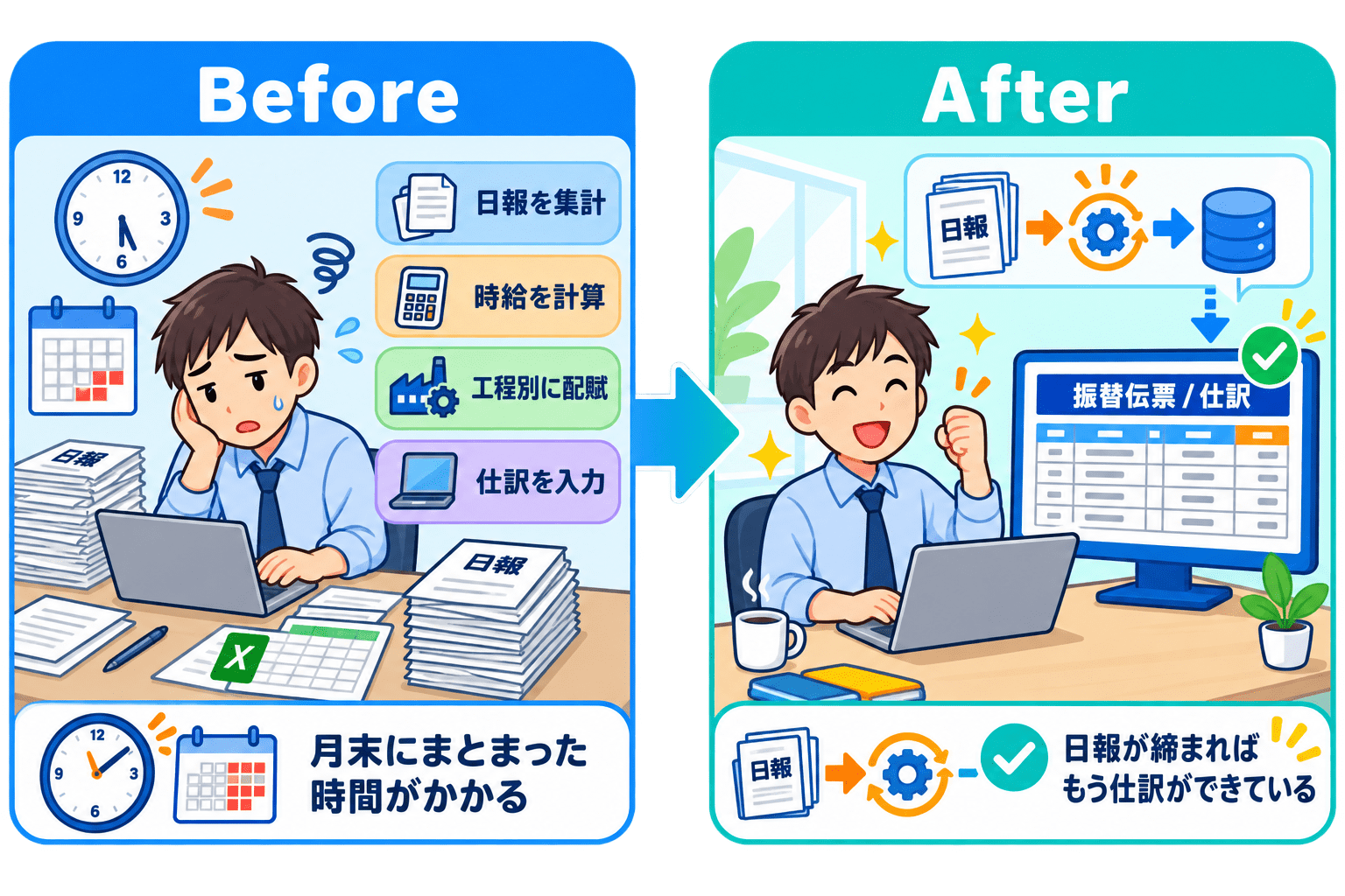 月末の労務費集計が手作業だったBeforeと、日報が締まれば仕訳が完成するAfterを対比した図