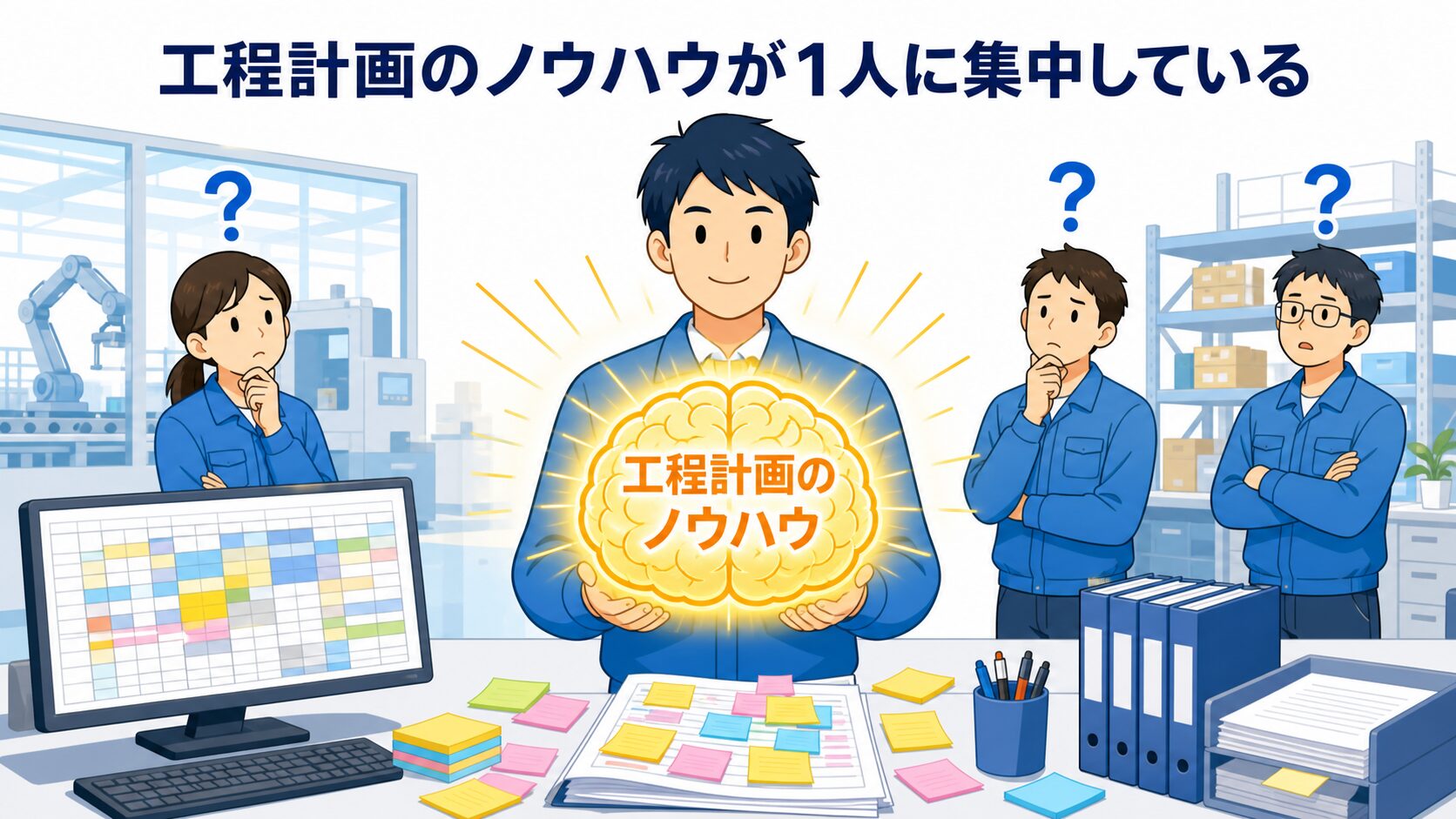 生産スケジューラ選定前の属人化の構造、ノウハウが特定の担当者に集中しチームに共有されていない状態を示す図