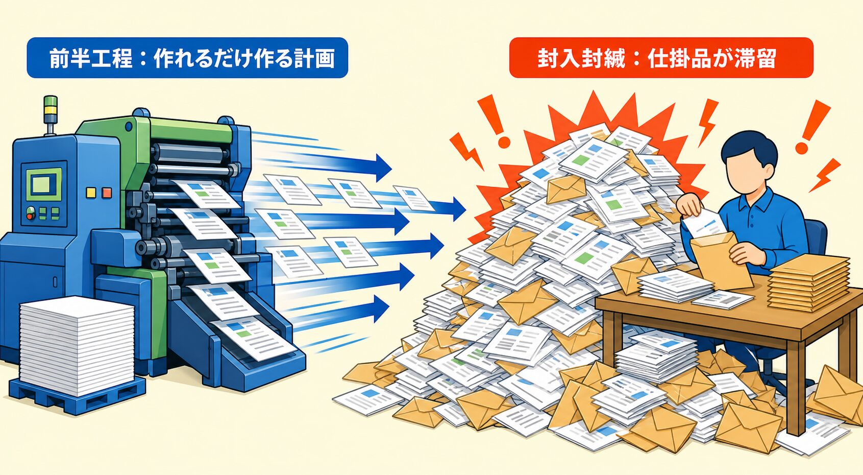工程管理|前半工程の計画詰め込みが封入封緘に仕掛品の滞留を生む流れ