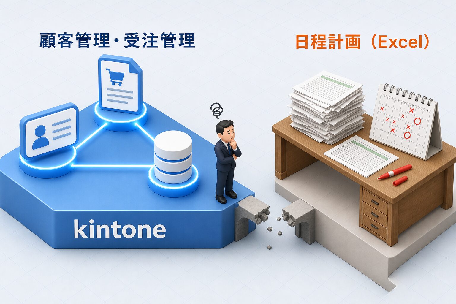 kintone工程管理で解決する前の状態、顧客管理・受注管理はkintone、日程計画はExcelに分断されている図
