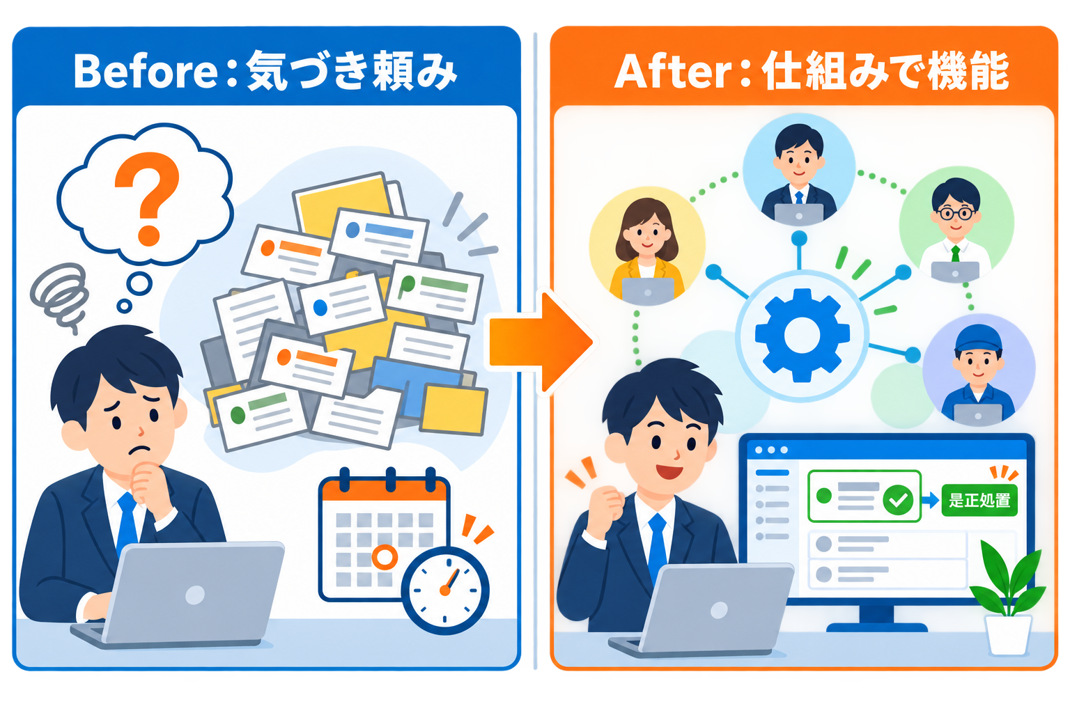 kintone不良再発防止のBefore・After。属人的な気づき依存から仕組み化への変化を示す図解