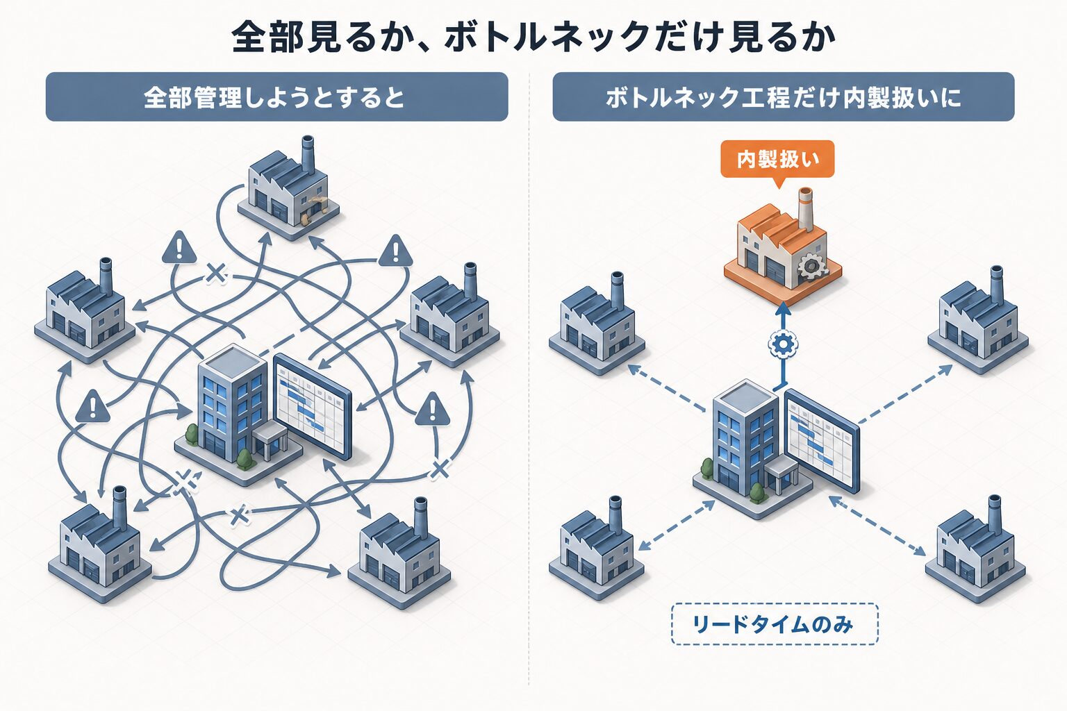 外注管理で全工程管理と一部内製扱いを対比する図、ボトルネック工程だけ内製扱いにする使い分けの図