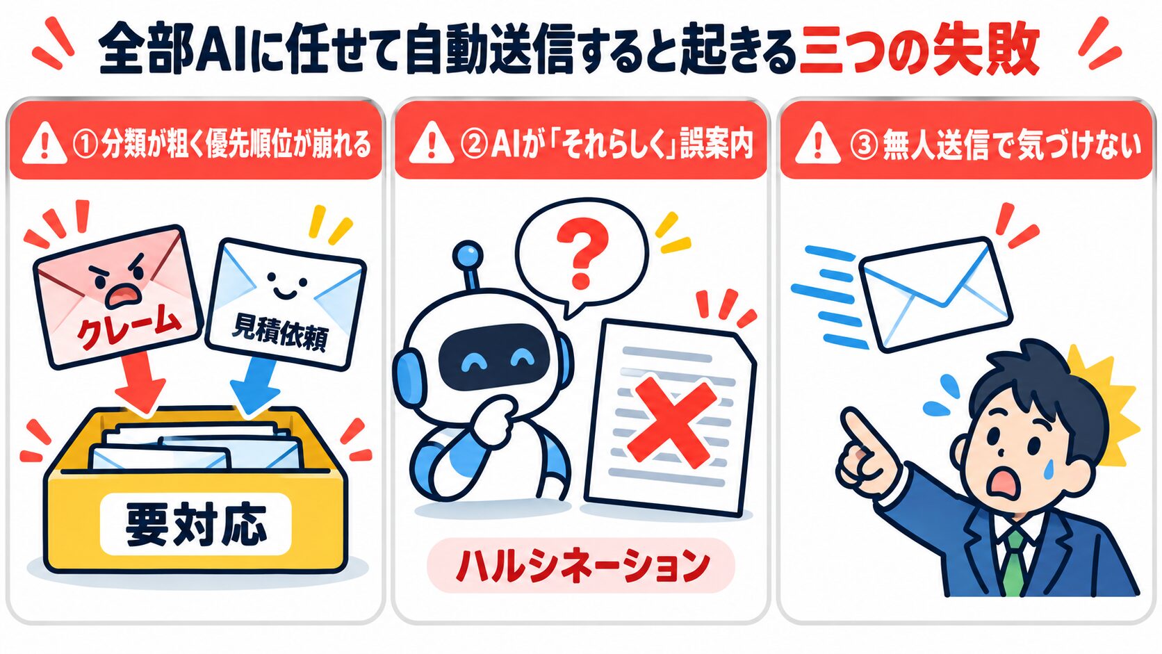 問い合わせ対応をすべてAIに任せて自動化したときに起きる分類崩れ・誤案内・無人送信の三つの失敗