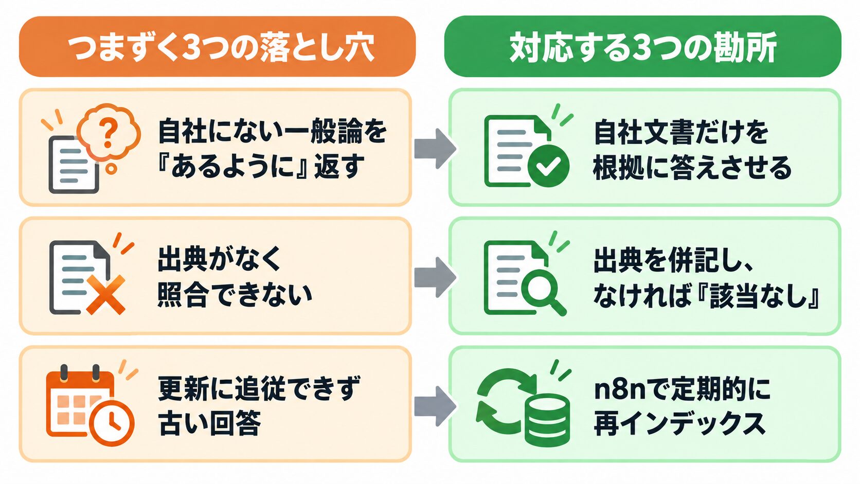 社内文書AI検索の3つの落とし穴と対応する3つの勘所の1対1対応